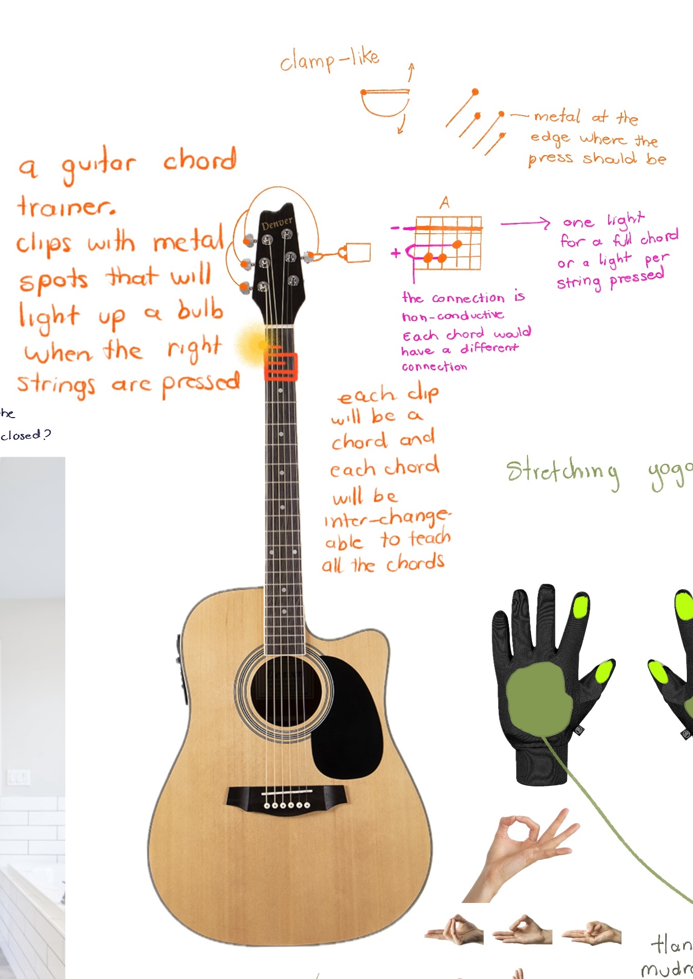 This is a guitar-chord teacher. There are conductive knubs on each note and the student needs to press them in order to turn on a light. If the light is on, that indicates that they have correctly played the chord.