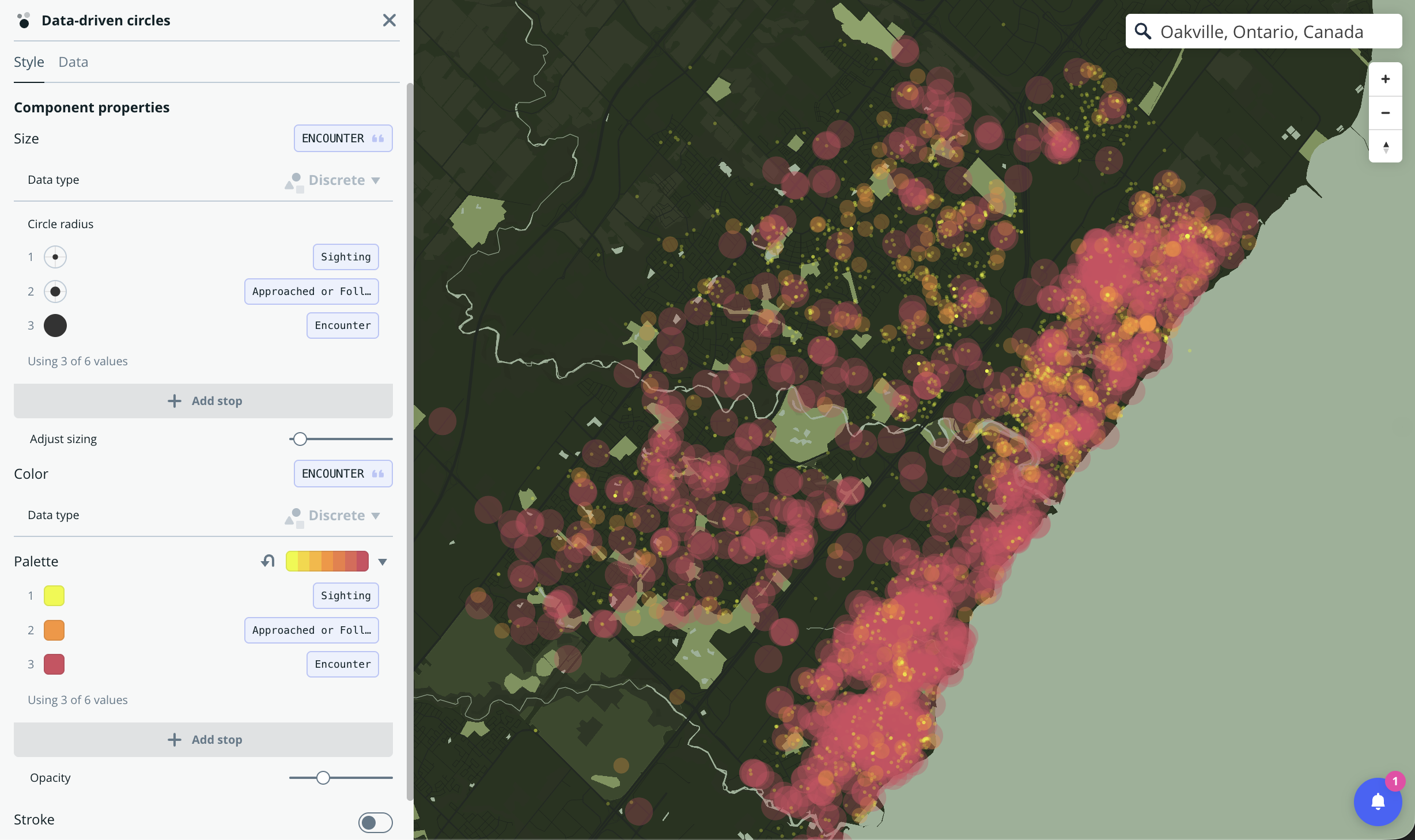 Mapbox tutorial 1 - Coyote sightings change in size and opacity.