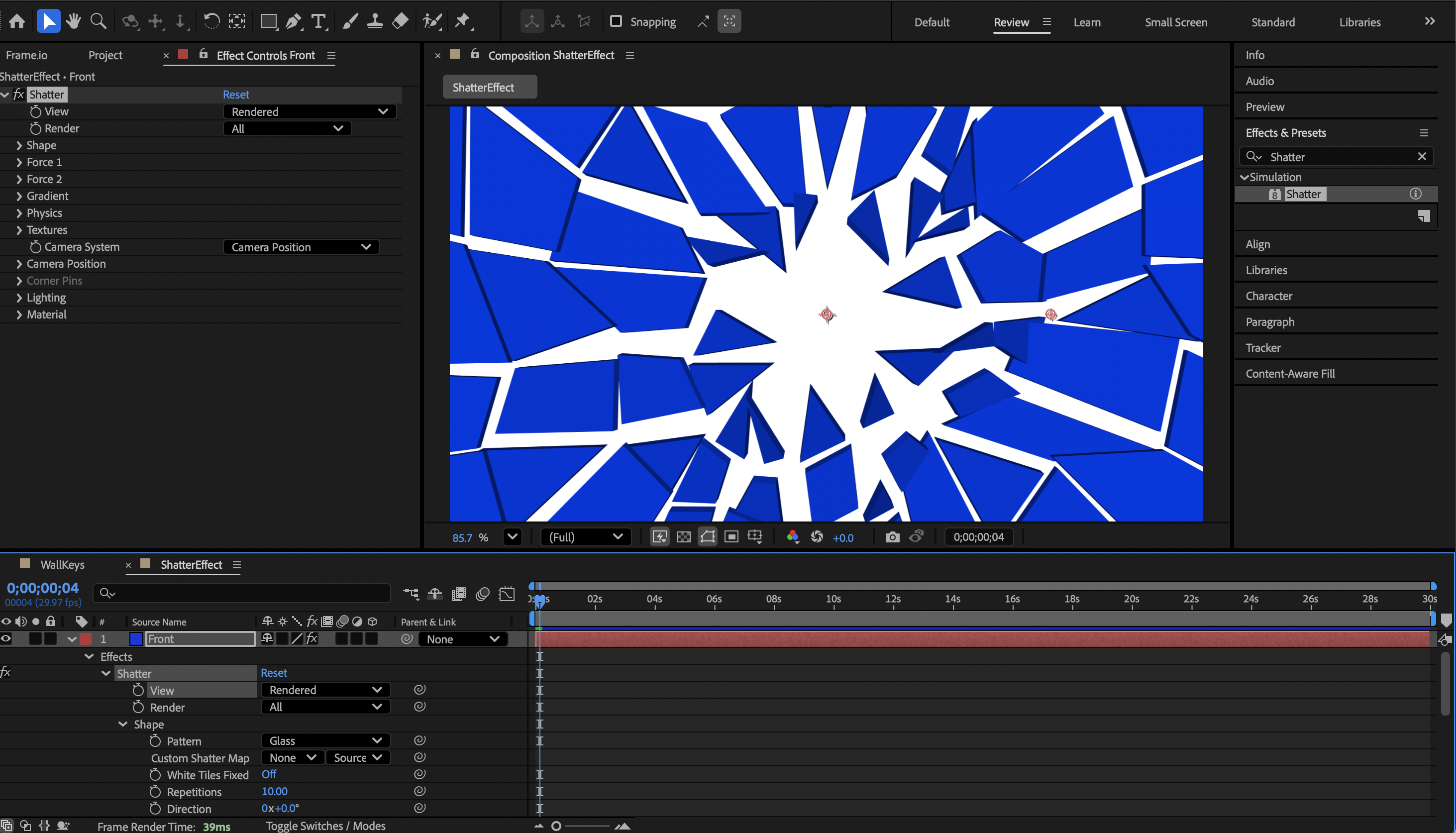 Layering of the shatter effect on After Effects.